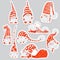 Cute funny christmas sticker characters - white bearded gnomes in different positions with red hats. Christmas gnomes