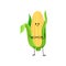 Cute funny corncob with yellow corns and green leaves cartoon character vector Illustration