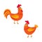 Cute, funny couple of farm rooster and hen, two chicken