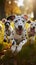 Cute and funny Dalmatian dogs group playing on green grass