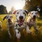 Cute and funny Dalmatian dogs group playing on green grass