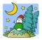 Cute and funny dressed snowman feeling happy under the crescent moon