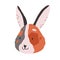 Cute funny face of bunny. Baby rabbits head portrait in doodle style. Adorable little animal with long ears. Lovely