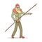 Cute and funny fisherman or hunter with a spear in style cartoon