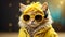 cute funny fluffy cat in clothes, sunglasses and headphones color style fashion