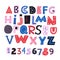 Cute funny font. English abstract alphabet. Primitive design typography. Kids creative uppercase letter and numbers with