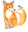 Cute funny Fox sitting with a bird titmouse on the fluffy tail