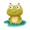 Cute funny frog. Green toad character sitting on lotus leaf in pond cartoon vector illustration