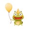 Cute funny frog in party hat holding inflatable balloon. Green toad cartoon character having birthday party vector