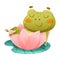 Cute funny frog sleeping in pink lotus flower. Green adorable toad cartoon character vector illustration