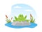 Cute Funny Frog in Summer Pond, Scene with Frog Sitting on Stone Cartoon Vector Illustration