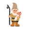 Cute and funny garden gnome or dwarf holding amanita and looking curiously at mushroom. Hand-drawn fairytale character