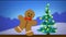 Cute funny gingerbread man dancing on window sill against winter landscape with snowdrifts. Christmas tree with