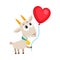 Cute and funny goat holding red heart shaped balloon