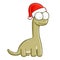 Cute and funny green dinosaurs wearing Santa`s hat  in doodle style
