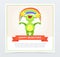 Cute funny green monster holding colorful rainbow, happy monsters banner cartoon vector element for website or mobile