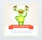 Cute funny green monster showing victory sign, happy monsters banner cartoon vector element for website or mobile app