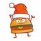 Cute and funny hamburger smiling happily, waving its hand and wearing Santa`s hat for christmas