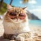 cute, funny, happy, adorable cat, kitty on the beach with humorous sunglasses. summertime, beach palm tree, heat relax