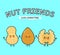 Cute, funny happy almonds, peanuts and Walnut. Vector hand drawn cartoon kawaii characters, illustration icon. Funny