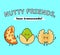 Cute, funny happy Brazilian nut, Pistachio and Walnut nut. Vector hand drawn cartoon kawaii characters, illustration