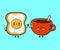 Cute, funny happy cup of coffee and bread with eggs character. Vector hand drawn cartoon kawaii characters, illustration