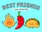 Cute, funny happy fire chili pepper and tacos. Vector hand drawn cartoon kawaii characters, illustration icon. Funny
