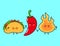 Cute, funny happy fire chili pepper and tacos. Vector hand drawn cartoon kawaii characters, illustration icon. Funny