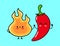 Cute, funny happy fire and chili pepper. Vector hand drawn cartoon kawaii characters, illustration icon. Funny cartoon