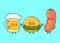 Cute, funny happy glass of beer, sausage with mustard and hamburger. Vector hand drawn cartoon kawaii characters