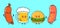 Cute, funny happy glass of beer, sausage with mustard and hamburger. Vector hand drawn cartoon kawaii characters