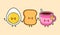 Cute, funny happy toast, eggs and cup of tea. Vector hand drawn cartoon kawaii characters, illustration icon. Funny
