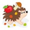 Cute funny hedgehog, cartoon hand drawing. Sweet urchin carrying apples and mushrooms on his back, forest animal with needles