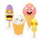 Cute funny ice cream characters vector illustration. Colorful ice cream cone waffle, popsicle on steak. Frozen sweet