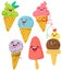 Cute funny ice cream.Various face emotions. Hand drawn vector set. Vector isolates on a white background.