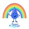 Cute funny kawaii blue water drop talking and pointing at rainbow over white.