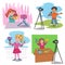 Cute funny kid blogger creating content vector set