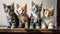 Cute funny kittens sit in row and pose looking at camera. Generative AI