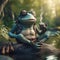 Cute and Funny-Looking Blue Frog Enjoying a Hot Cup of Coffee or Tea Sitting on a Rock in the Forest by a Pond