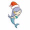 Cute and funny mermaid smiling, blinking her eye and wearing Santa`s hat for christmas