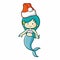 Cute and funny mermaid standing and wearing Santa`s hat for christmas