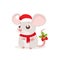 Cute And Funny Mouse In Santa Hat For Christmas Sitting And Smiling Vector Illustration.