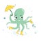 Cute funny octopus with umbrella, boots and water bubbles