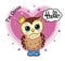 Cute funny owl with crown on white background. Isolated children`s cartoon illustration with animal, heart, stars. Vector.