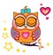 Cute funny owl. Forest bird, heart and stars. Decorative and style toy, doll. Wonderland. Magic, fabulous story. Vector.