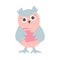 Cute funny owl with holding a heart. Forest bird cartoon character.