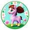 Cute and funny painted horse in cartoon style with flowers. Isolated design element on white background.