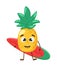 Cute and funny pineapple with surfboard. Vacation concept. Fruit, summer, travel. Pineapple juice, summer resort. Kid`s poster,