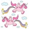 Cute funny pink unicorns rainbow and flying