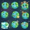 Cute funny planet Earth emoji showing different emotions set of colorful characters vector Illustrations